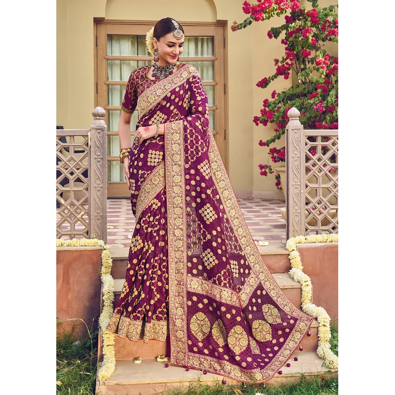 Pure Georgette Viscose Deep Purple Wedding Traditional Saree