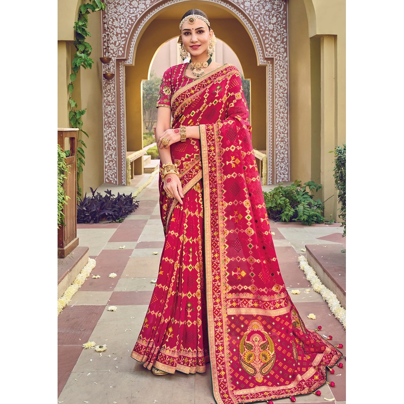Pure Georgette Viscose Rani Pink Wedding Traditional Saree