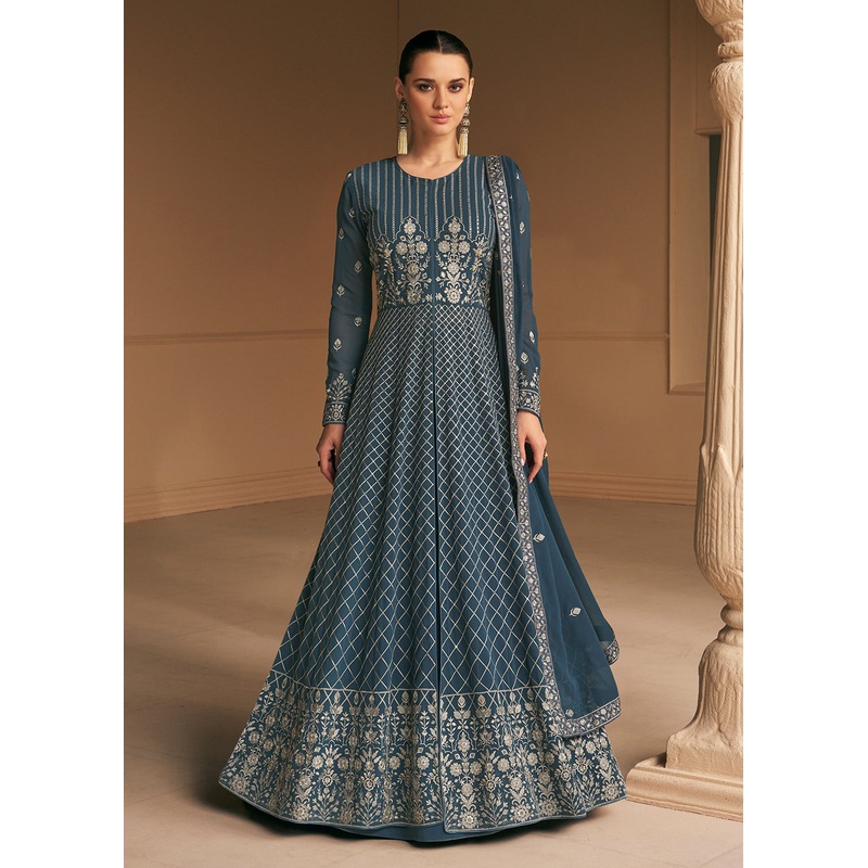 Tempting Real Georgette Blue Wedding Wear Anarkali Suit