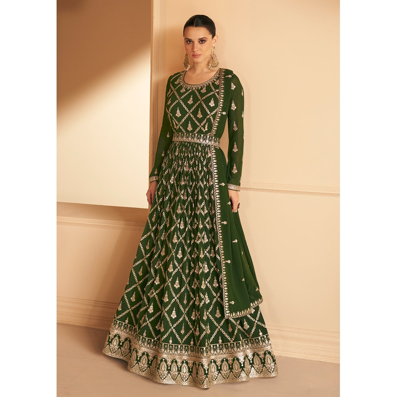Tempting Real Georgette Green Wedding Wear Anarkali Suit