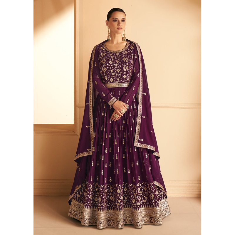 Tempting Real Georgette Purple Wedding Wear Anarkali Suit