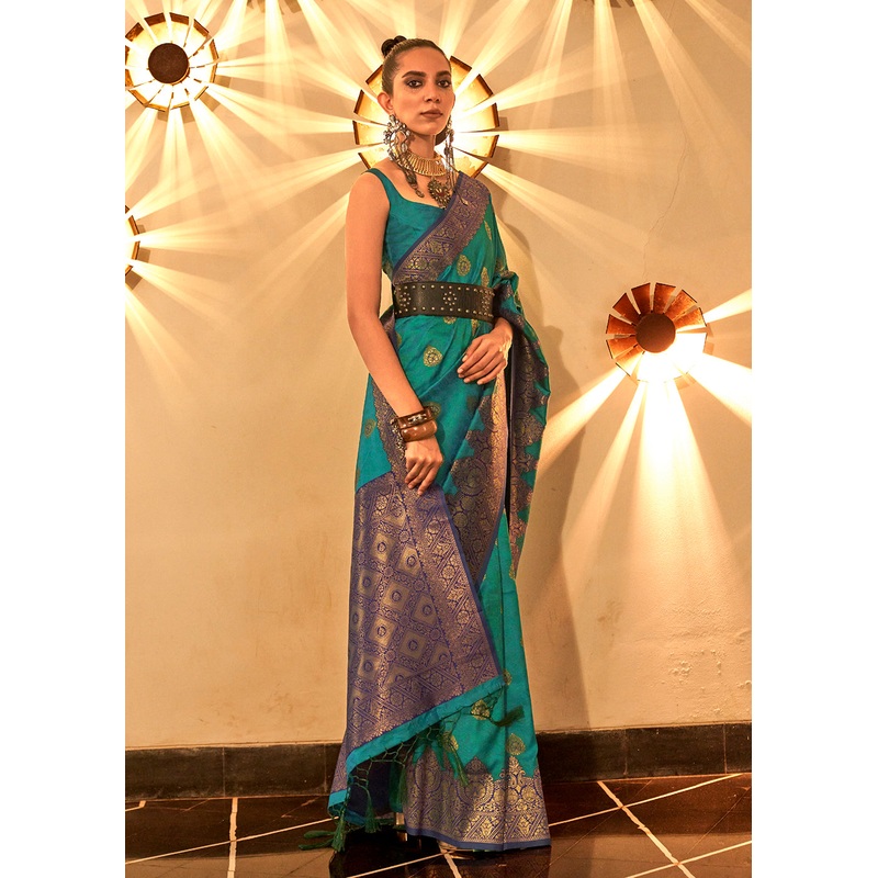 Trendy Weaving Silk Teal Green Designer Saree