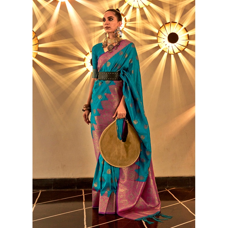 Trendy Weaving Silk Turkish Blue Designer Saree
