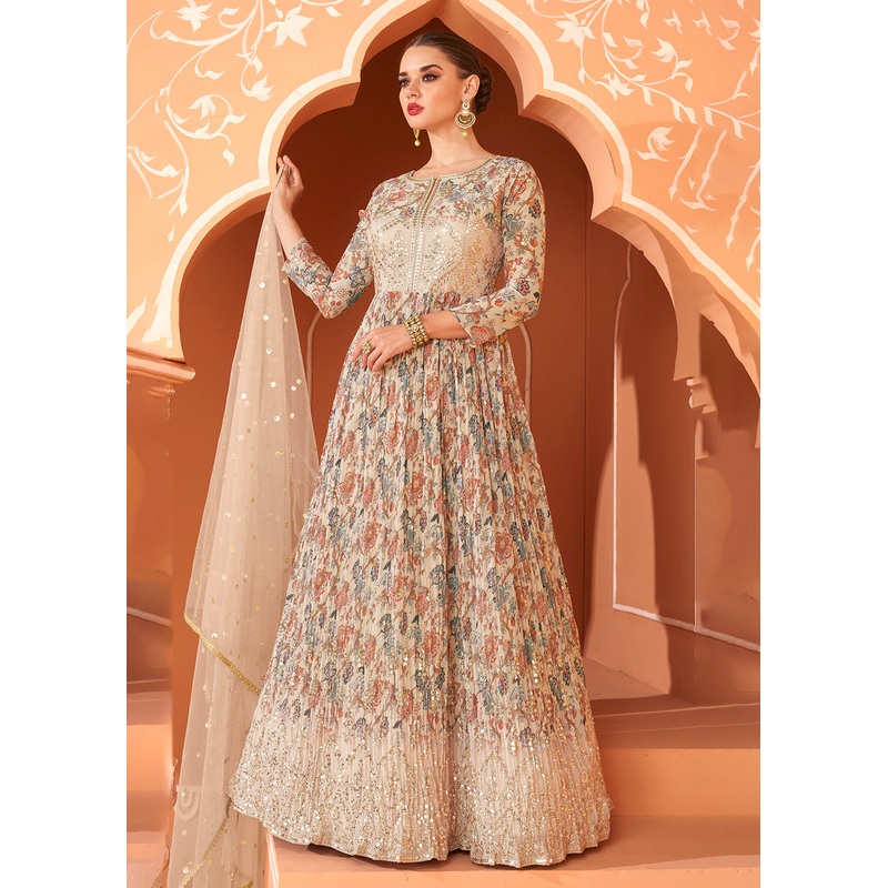 Wedding Wear Floral Embroidered Beige Anarkali Suit