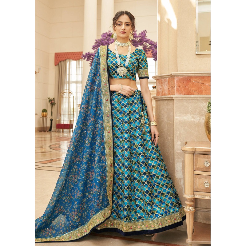 Appealing Blue Art Silk Embroidery Wedding Lehenga Choli