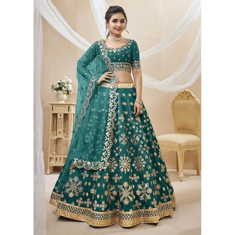 Beatific Teal Green Art Silk Embroidered Reception Wear Lehenga Choli