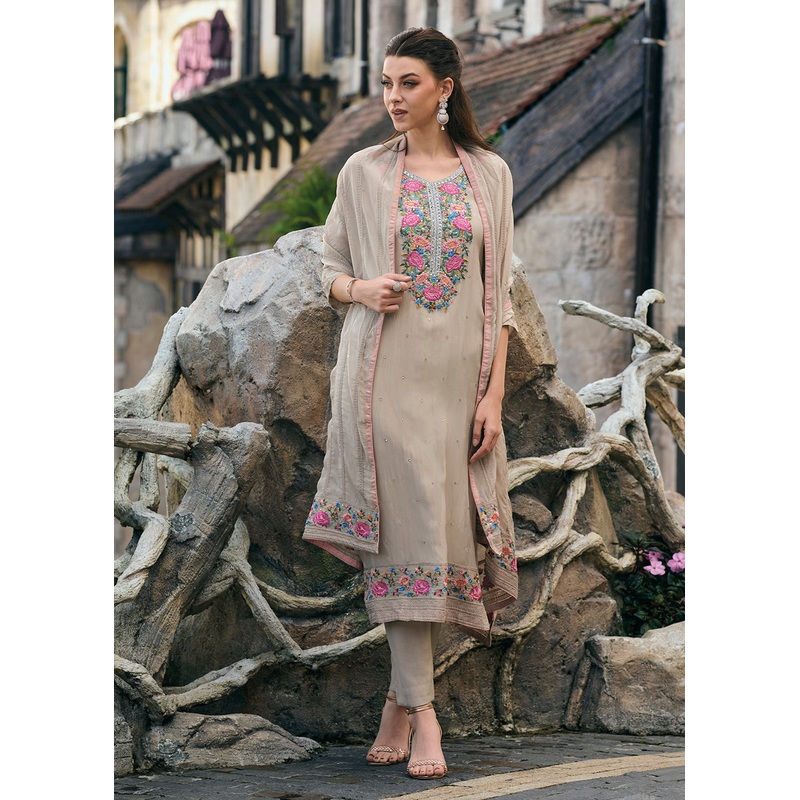 Beige Organza Fancy Khatli Embroidered Pant Style Salwar Suit