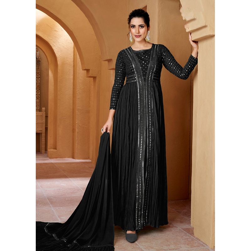 Black Crushed Georgette Mirror Lucknowi Work Anarkali Dress