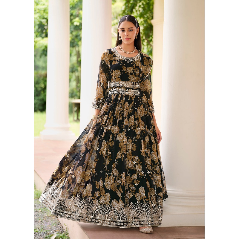 Black Floral Digital Printed & Embroidered Festive Anarkali Gown