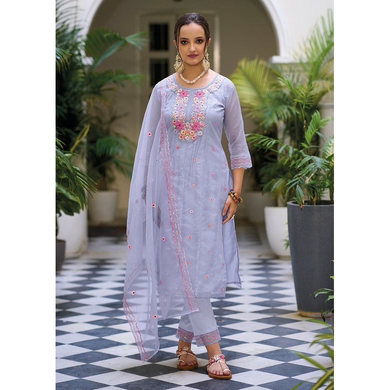 Blue Color Embroidered Organza Pant Style Salwar Suit