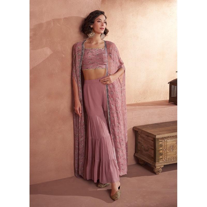 Blush Pink Jacket Style Sequins Work Indo Western Dress