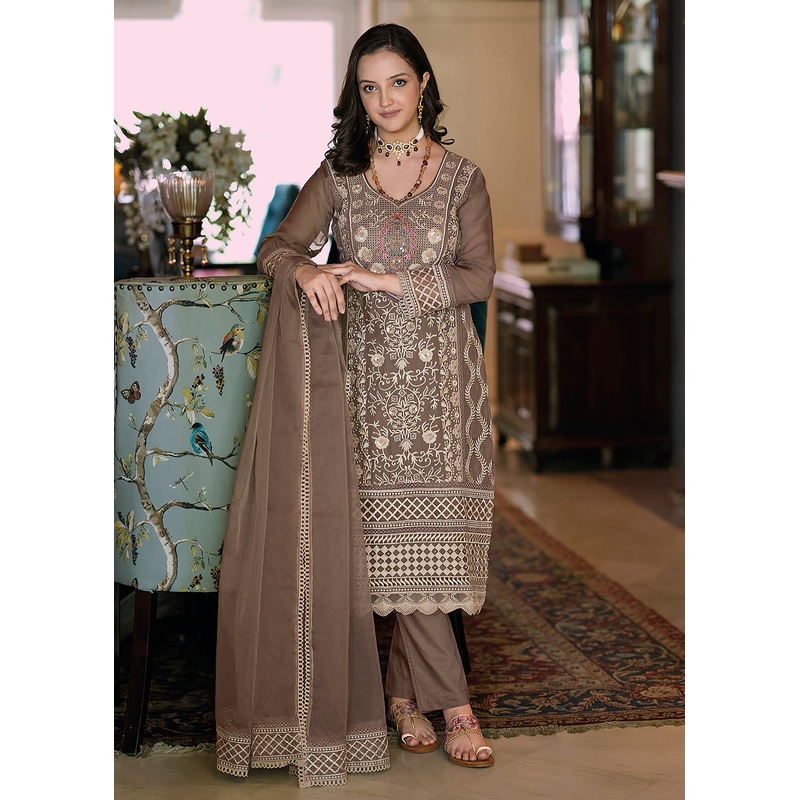 Brown Organza Fancy Khatli Work Pakistani Style Suit