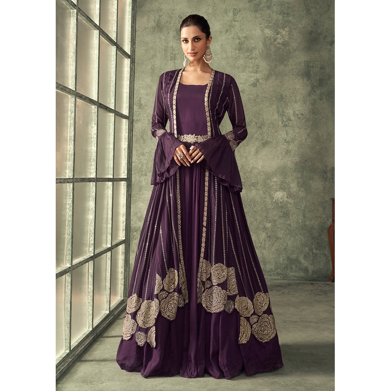 Burgundy Wine Chinnon Embroidered Designer Gown with Shrug