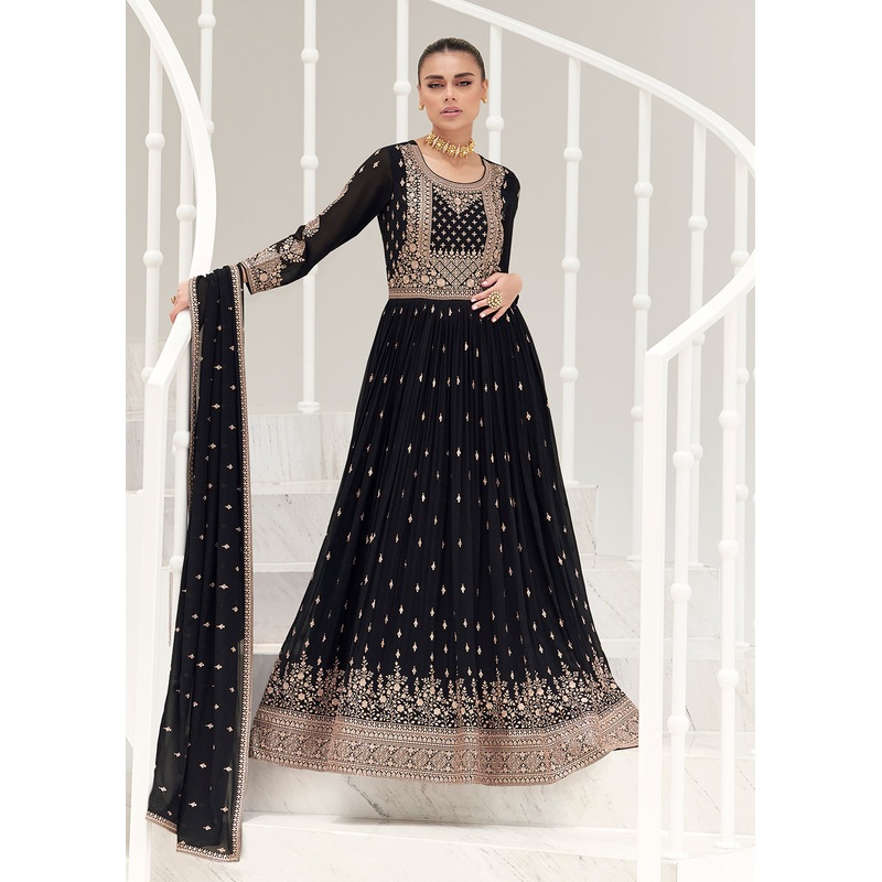 Classy Black Real Georgette Party Style Anarkali Suit