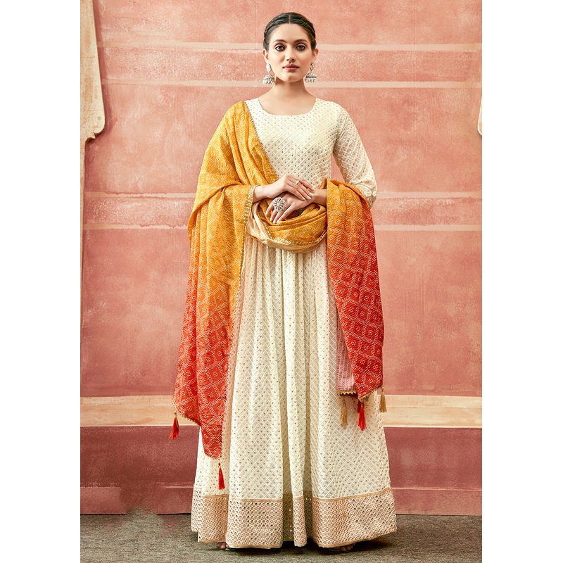 Daisy White Traditional Anarkali with Orange Ombre Bandhni Dupatta