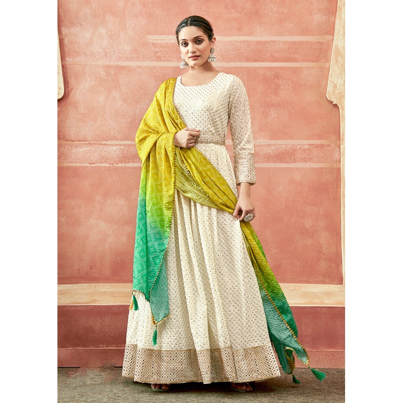 Daisy White Traditional Anarkali with Yellow Ombre Bandhni Dupatta