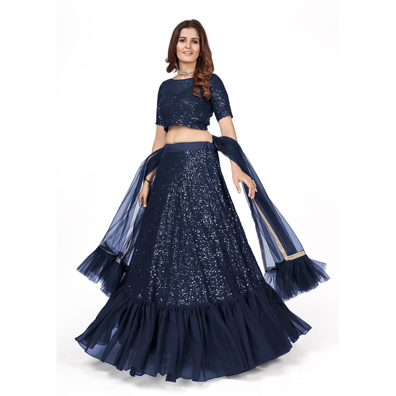 Dark Blue Multi Sequins Embroidered Party Wear Lehenga Choli
