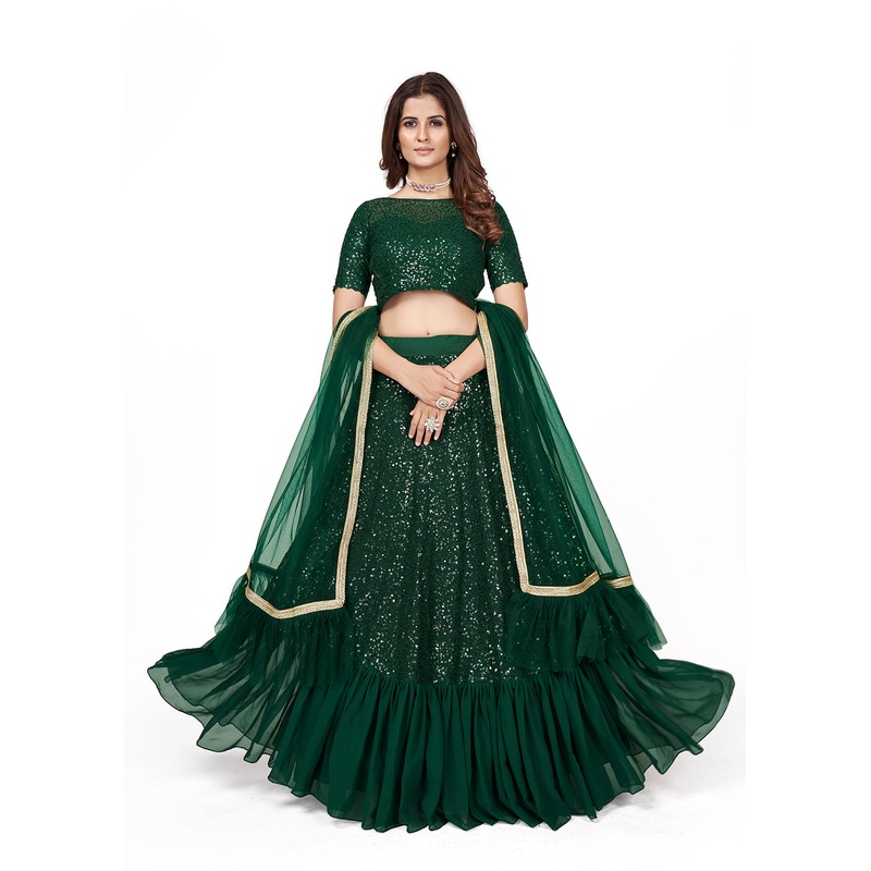 Dark Green Multi Sequins Embroidered Party Wear Lehenga Choli