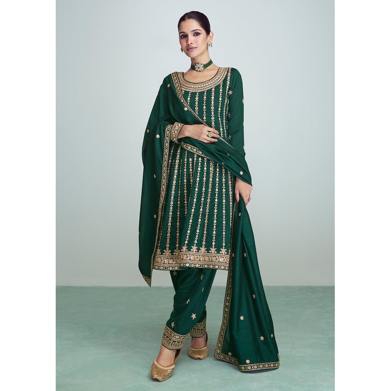 Dark Green Silk Embroidered Peplum Punjabi Style Suit