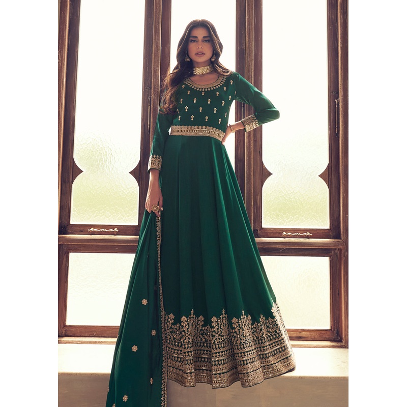 Designer Dark Green Silk Floor Length Anarkali Suit