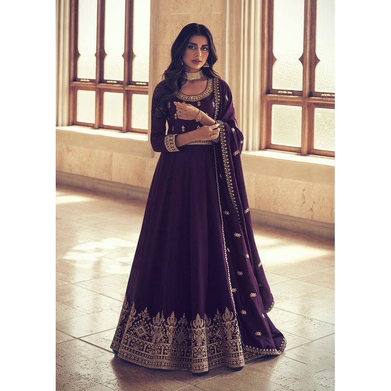 Designer Deep Purple Silk Floor Length Anarkali Suit