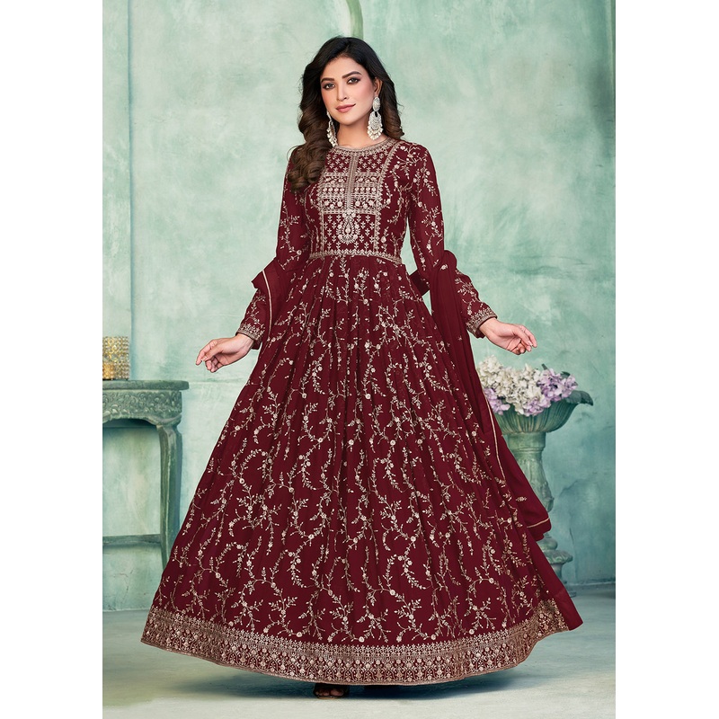 Designer Maroon Embroidered Wedding Party Anarkali Suit