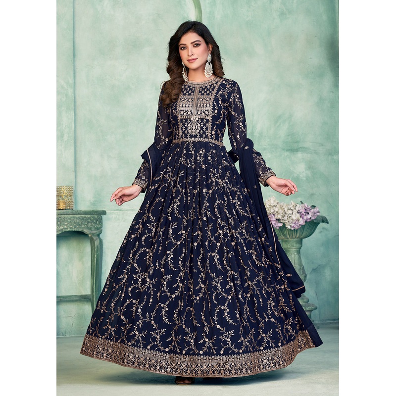 Designer Navy Blue Embroidered Wedding Party Anarkali Suit