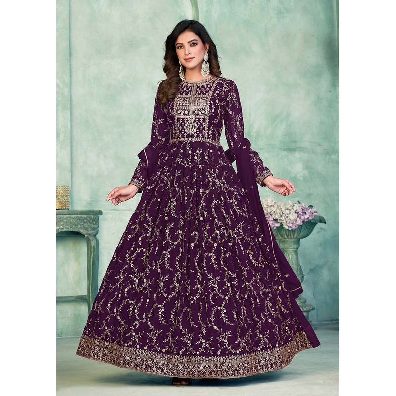 Designer Purple Embroidered Wedding Party Anarkali Suit