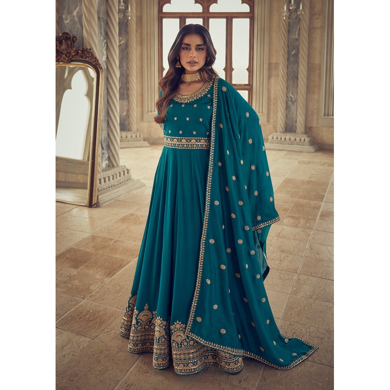 Designer Teal Blue Silk Floor Length Anarkali Suit