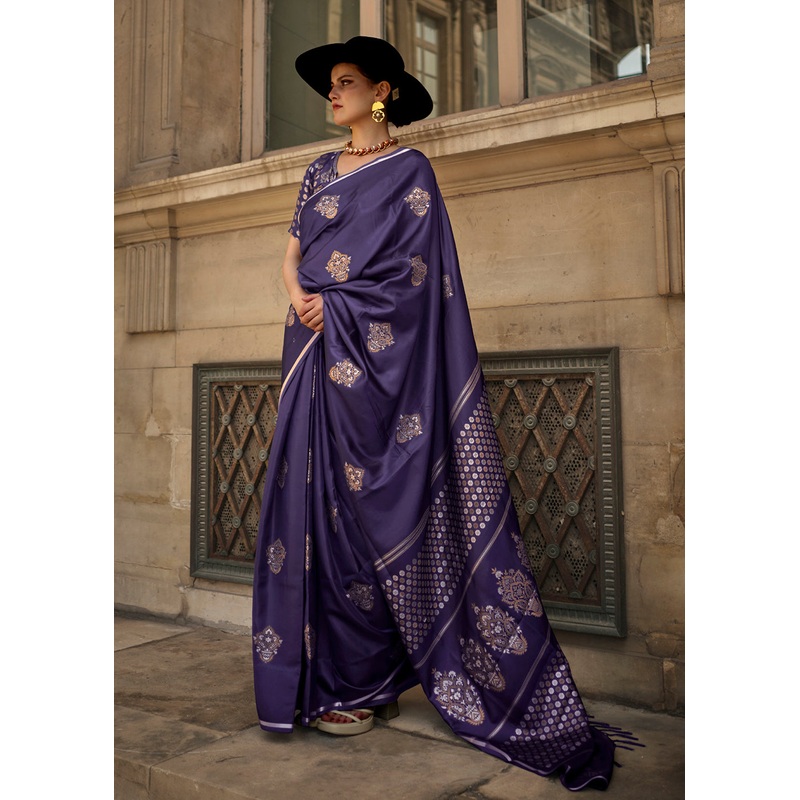 Elegant Blue Pure Satin Silk Designer Saree