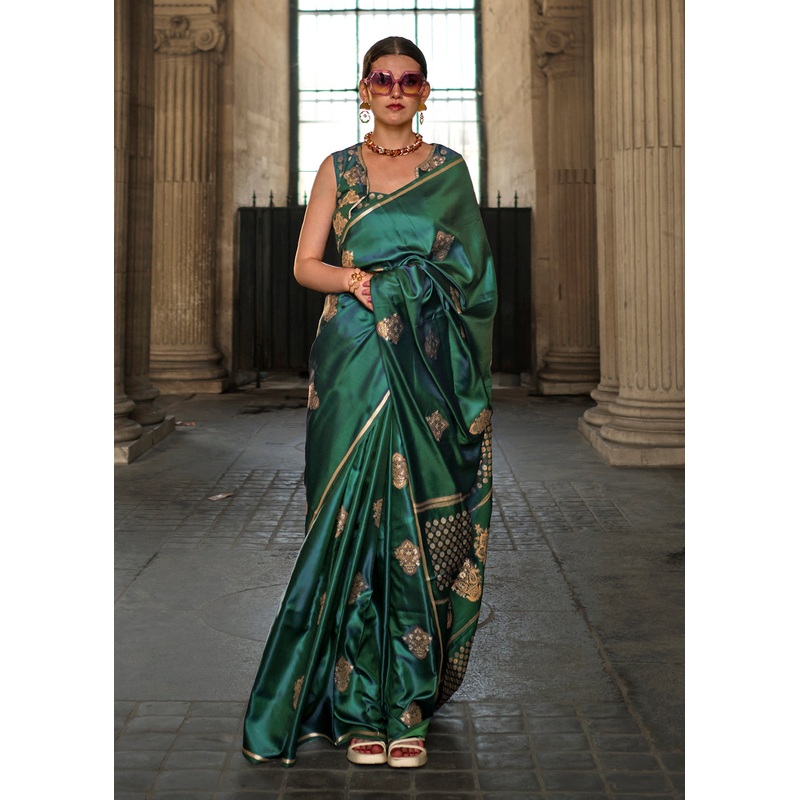 Elegant Bottle Green Pure Satin Silk Designer Saree