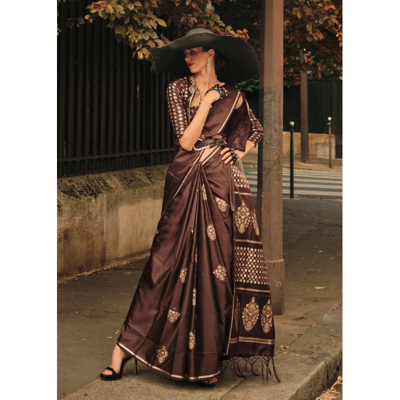 Elegant Chocolate Brown Pure Satin Silk Designer Saree