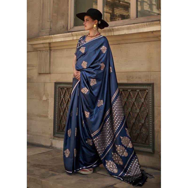 Elegant Navy Blue Pure Satin Silk Designer Saree