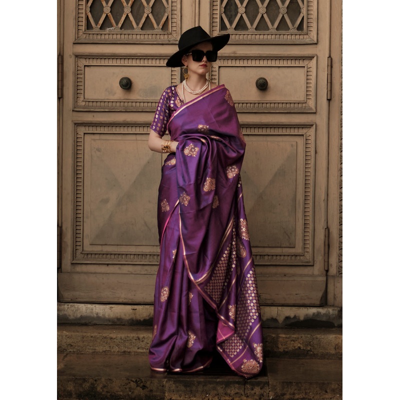 Elegant Violet Purple Pure Satin Silk Designer Saree