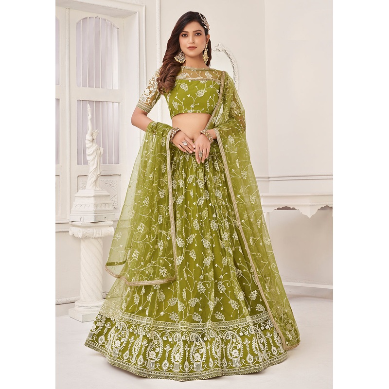 Embroidered Net Green Mehndi & Wedding Wear Lehenga Choli