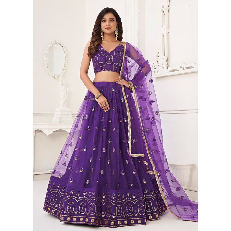 Embroidered Net Purple Sangeet & Wedding Wear Lehenga Choli