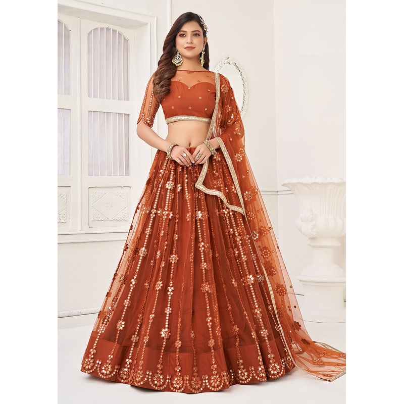Embroidered Net Rust Sangeet & Wedding Wear Lehenga Choli
