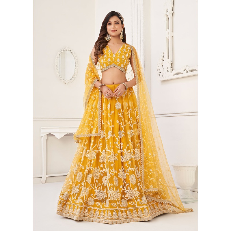 Embroidered Net Yellow Sangeet & Haldi Wear Lehenga Choli