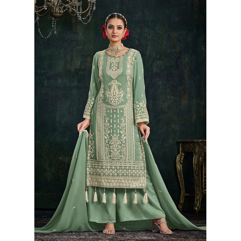 Ethereal Green Foil Mirror Embroidered Palazzo Salwar Suit