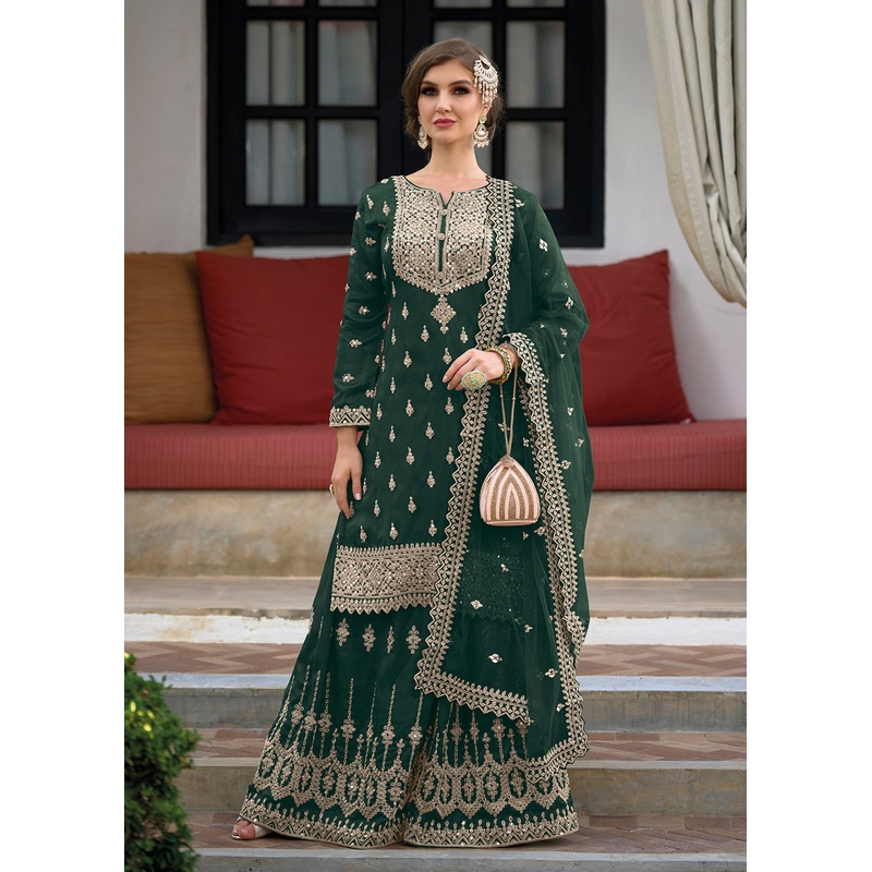 Festive Amazing Dark Green Heavy Silk Sharara Suit