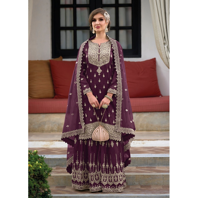 Festive Amazing Deep Wine Heavy Silk Sharara Suit