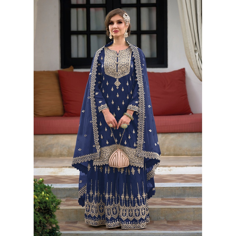 Festive Amazing Navy Blue Heavy Silk Sharara Suit