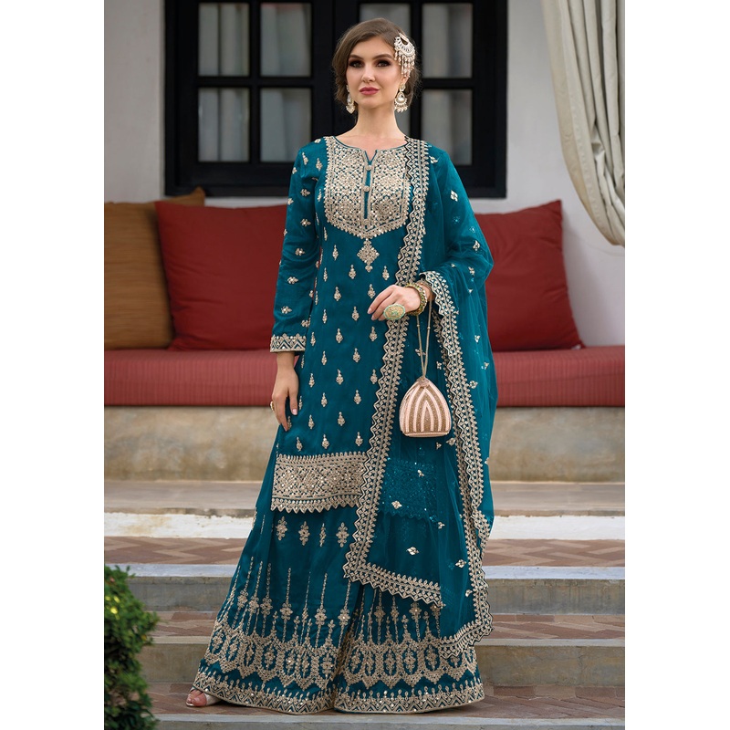 Festive Amazing Teal Green Heavy Silk Sharara Suit
