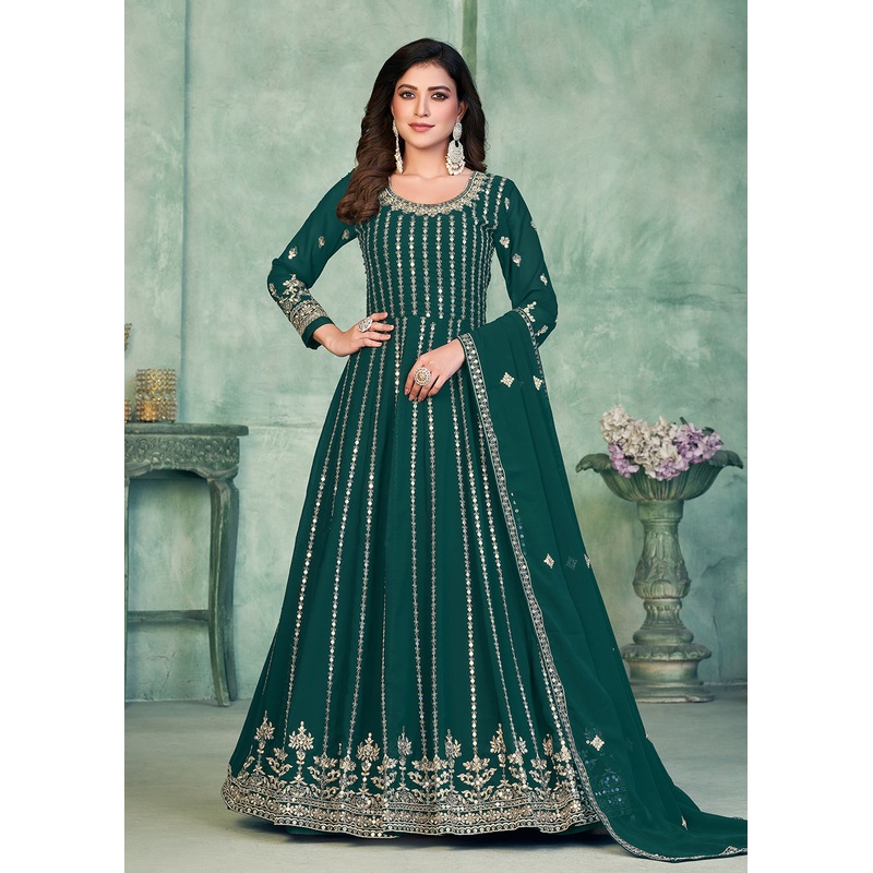 Georgette Fabric Green Embroidered Wedding Party Anarkali Suit