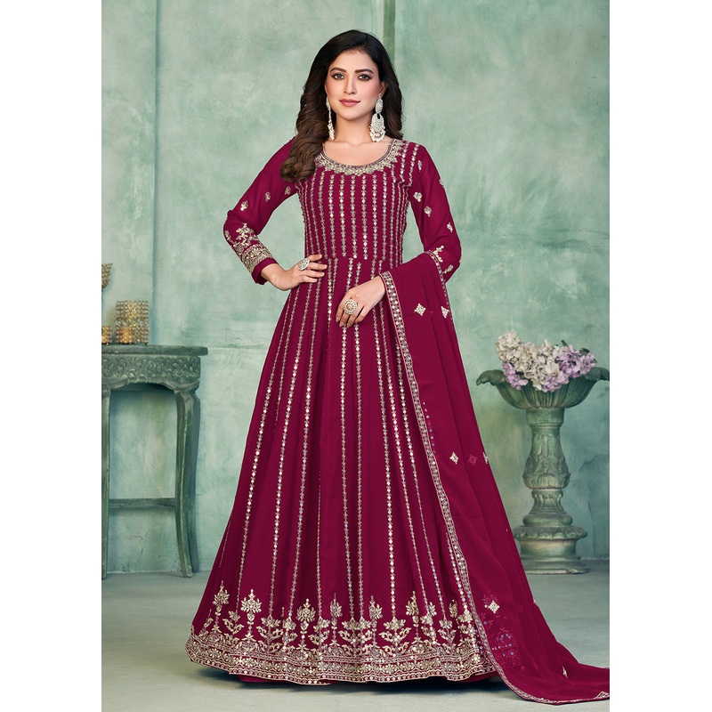 Georgette Fabric Magenta Embroidered Wedding Party Anarkali Suit