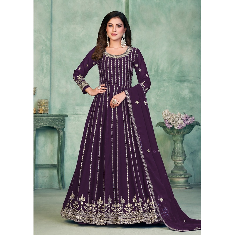 Georgette Fabric Purple Embroidered Wedding Party Anarkali Suit