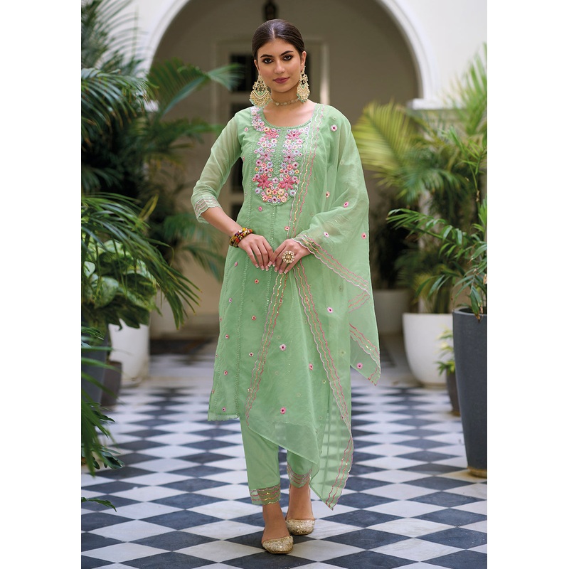 Green Color Embroidered Organza Pant Style Salwar Suit