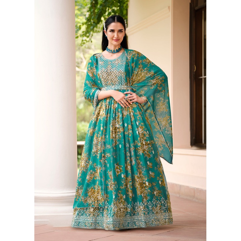 Green Floral Digital Printed & Embroidered Festive Anarkali Gown