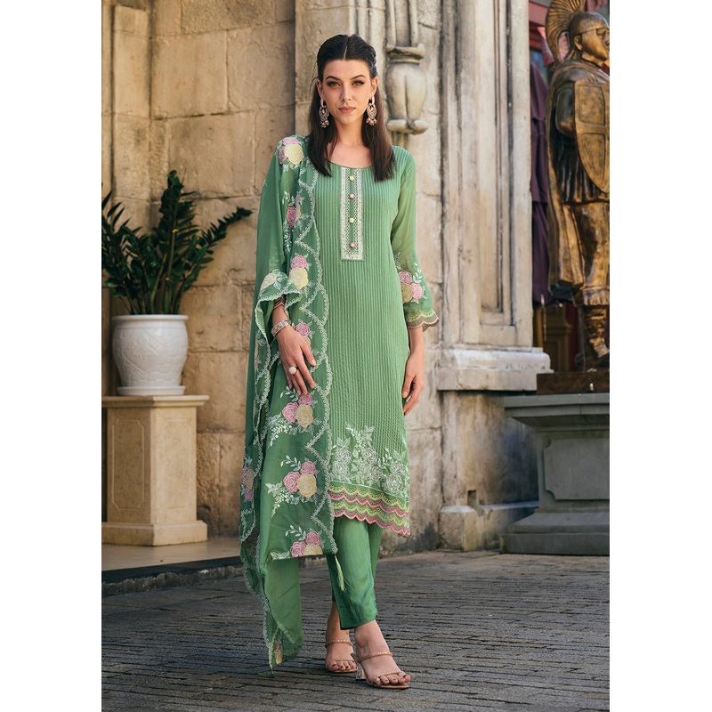 Green Organza Fancy Khatli Embroidered Pant Style Salwar Suit
