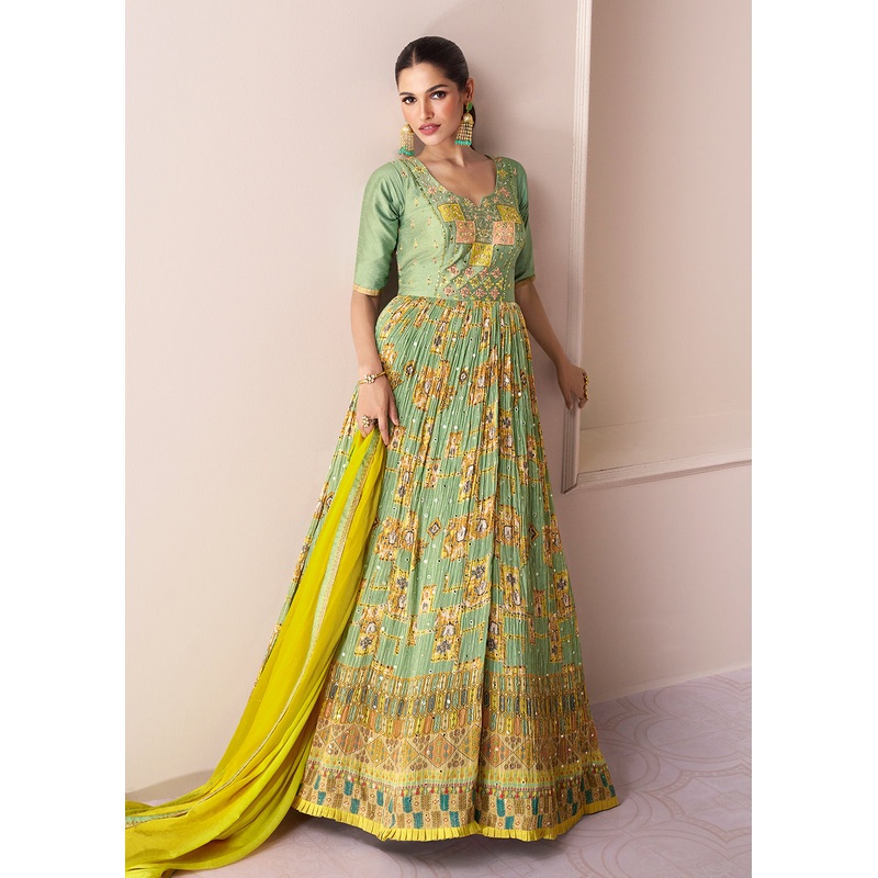 Green & Yellow Chinnon Silk Printed & Embroidered Anarkali Dress